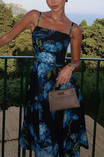Spaghetti Straps Waisted Floral Print Midi Dress