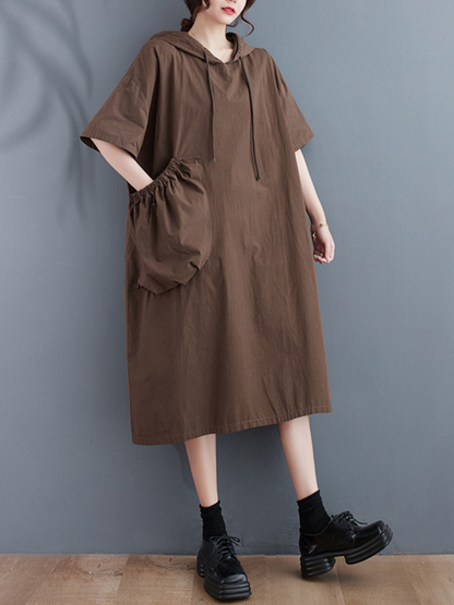 Hooded Drawstring Pouch Pocket Oversized Midi Sweatshirt Dress