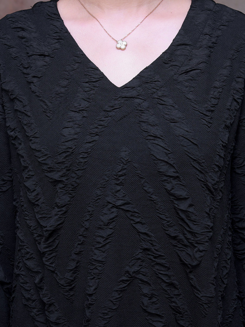 V Neck Long Sleeve Chevron Crinkle Texture Patch Pocket Midi Dress