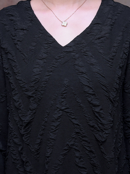 V Neck Long Sleeve Chevron Crinkle Texture Patch Pocket Midi Dress