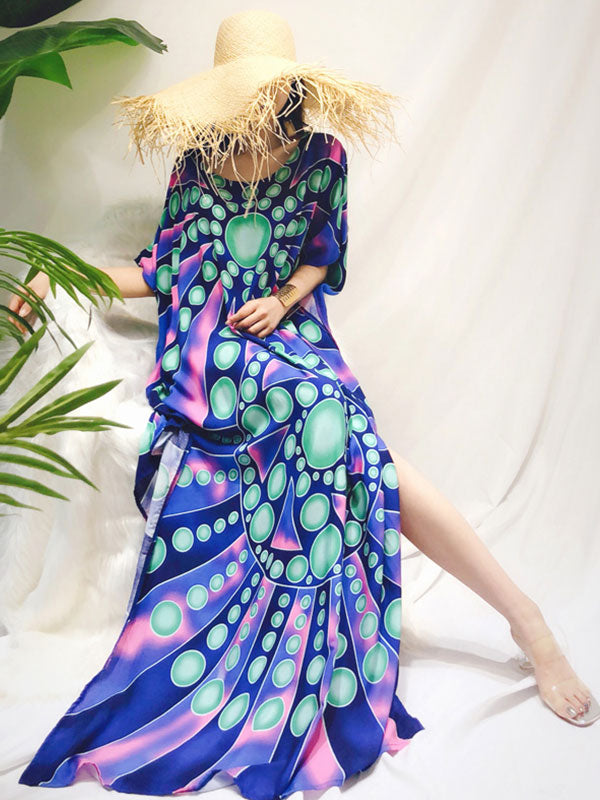 Round Neck Short Sleeve Abstract Mandala Print Kaftan Maxi Dress