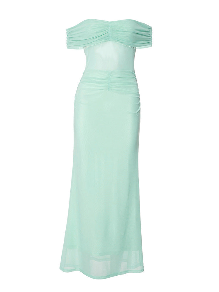 Off Shoulder Mesh Midriff Panel Ruched Waist Column Maxi Dress