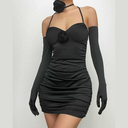 Sweetheart Halter Neck 3D Floral Applique Ruched Bodycon Mini Dress
