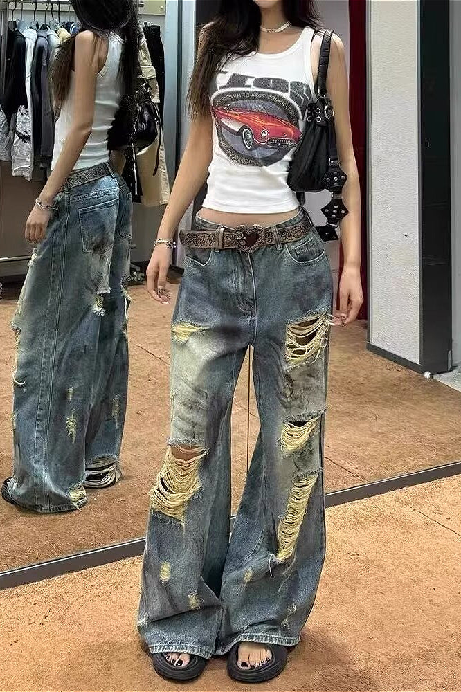 Distressed Vintage Washed Lightweight Floor Jeans