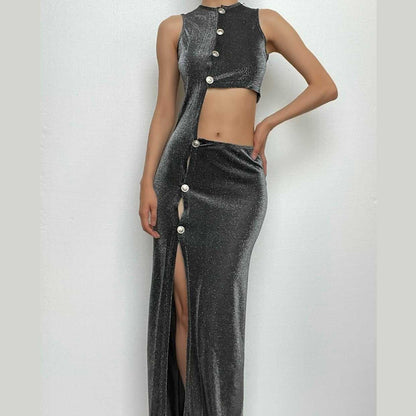 Glitter Asymmetrical Cutout Diagonal Button Sleeveless High Slit Maxi Dress