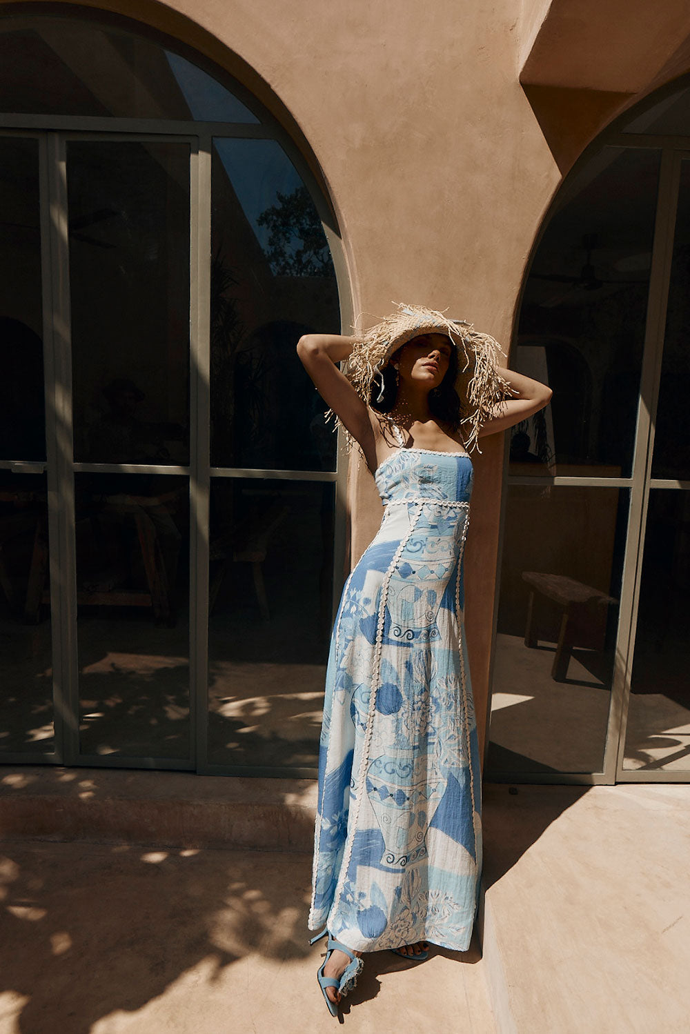 Square Neck Empire Waist Crochet Trim Ginger Jar Floral Print Maxi Dress