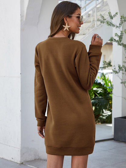 Cotton Pocketed Crew Neck Ribbed Cuff Sweatshirt Mini Dress