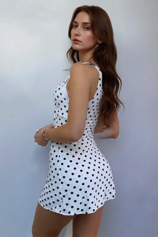 Polka Dot Deep V-Neck Keyhole Tie Front Bodycon Mini Dress