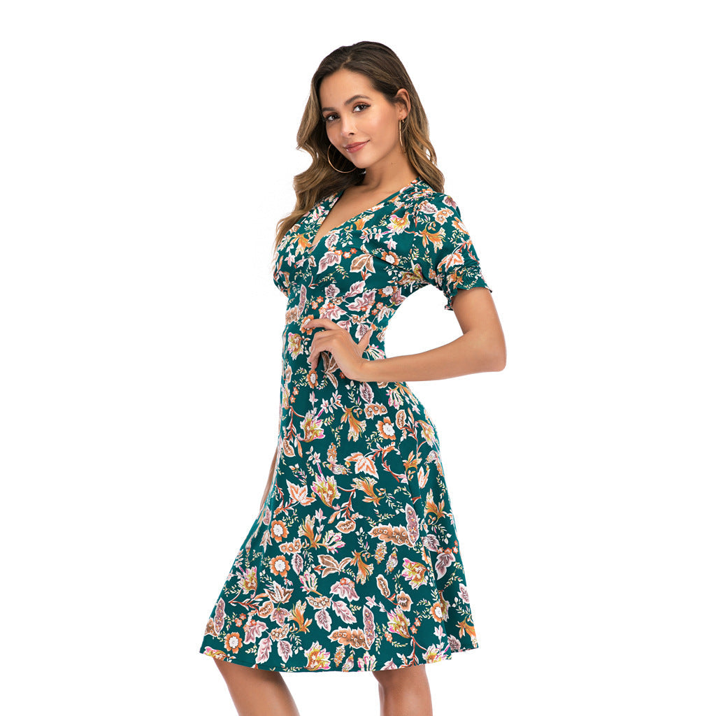 V Neck Floral Print Puff Sleeve Wrap Midi Dress