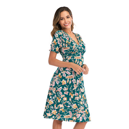 V Neck Floral Print Puff Sleeve Wrap Midi Dress