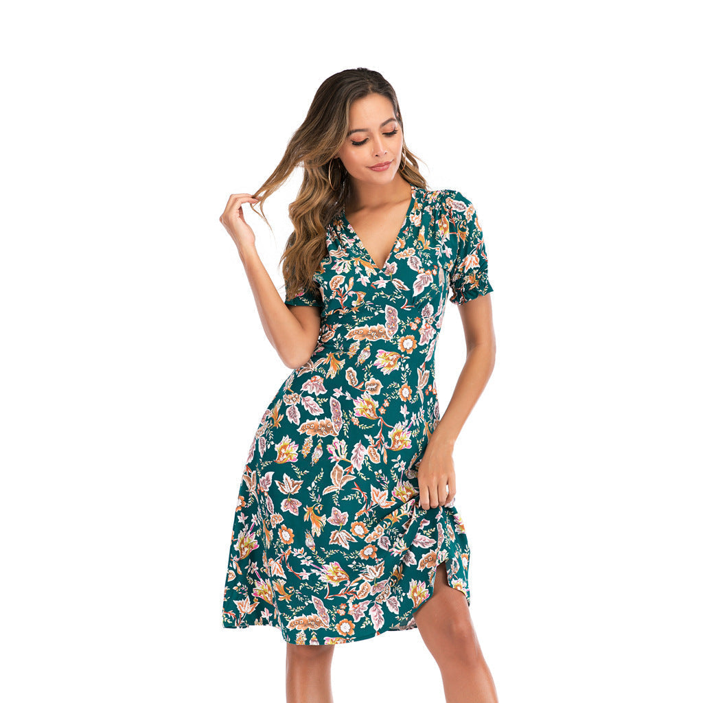 V Neck Floral Print Puff Sleeve Wrap Midi Dress