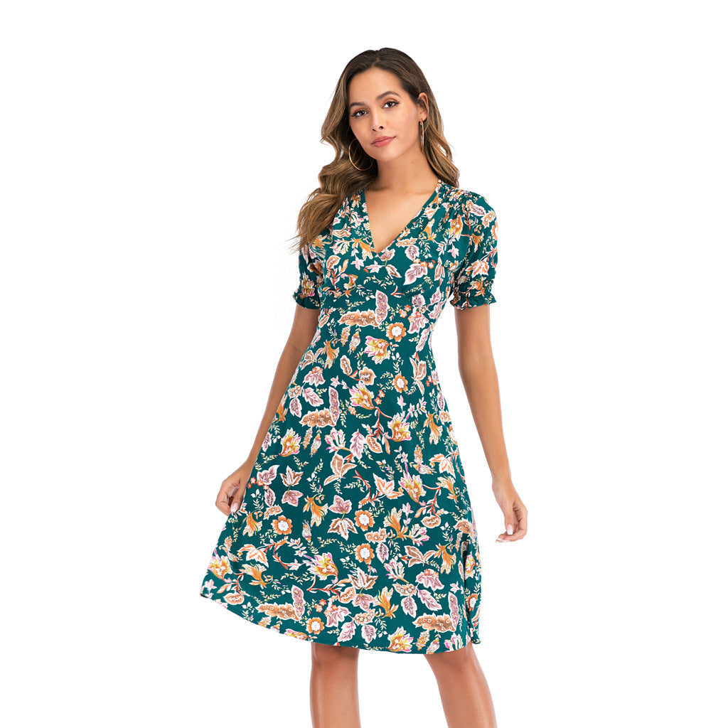 V Neck Floral Print Puff Sleeve Wrap Midi Dress