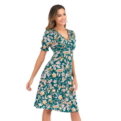 V Neck Floral Print Puff Sleeve Wrap Midi Dress