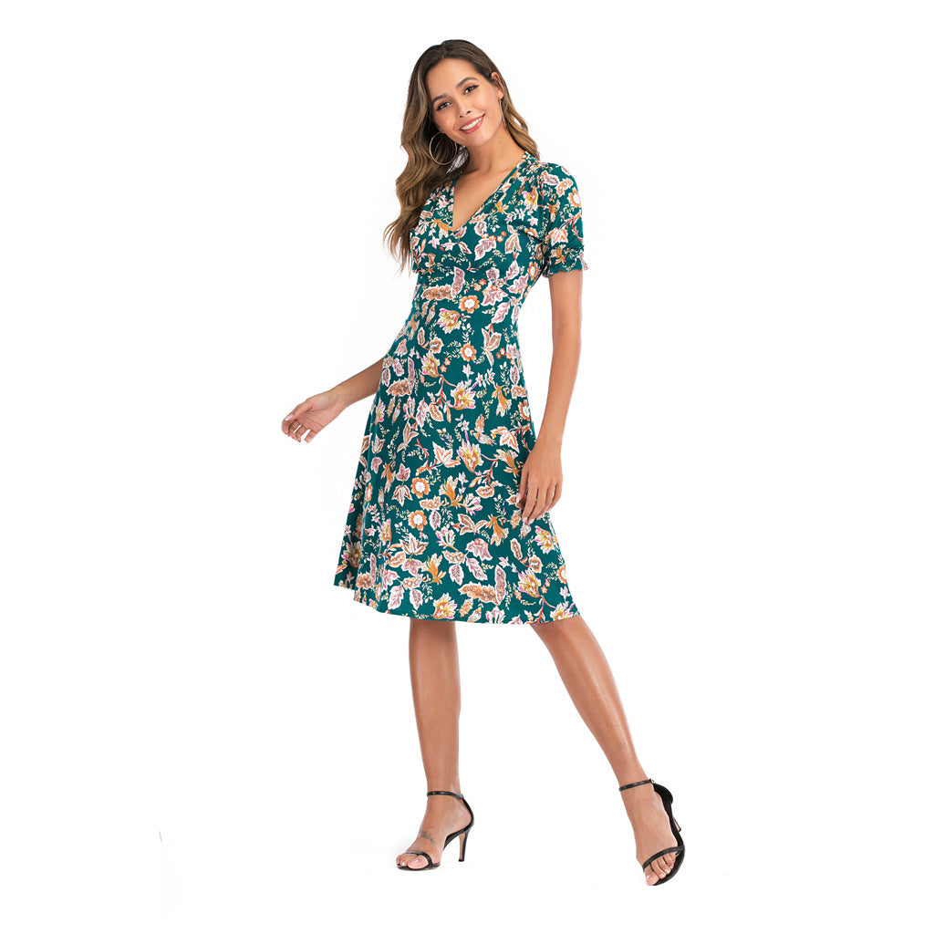 V Neck Floral Print Puff Sleeve Wrap Midi Dress