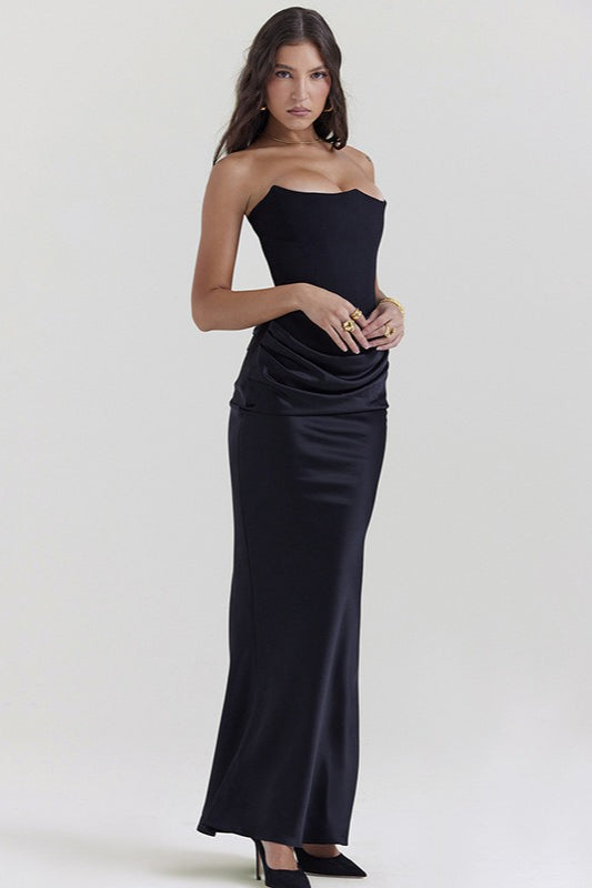 Strapless Corset Boned Ruched Satin Column Maxi Dress