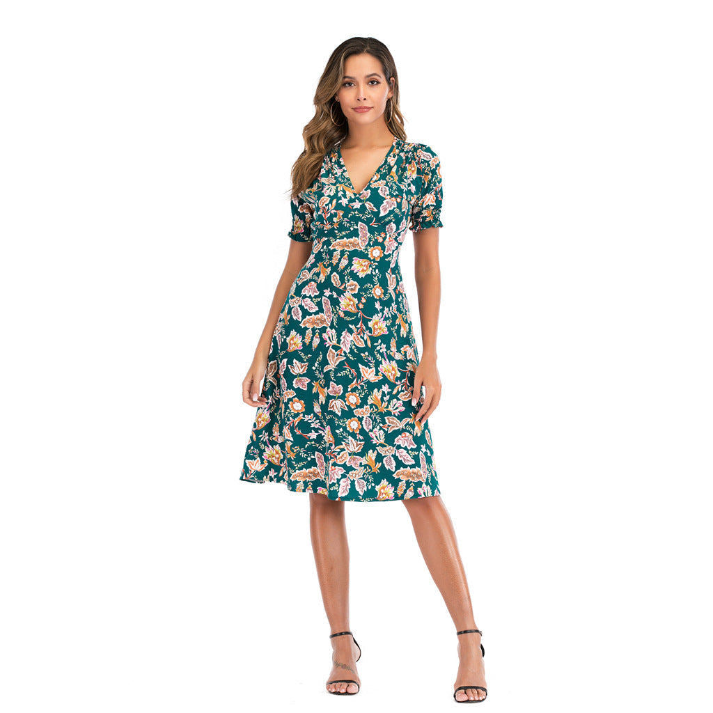 V Neck Floral Print Puff Sleeve Wrap Midi Dress