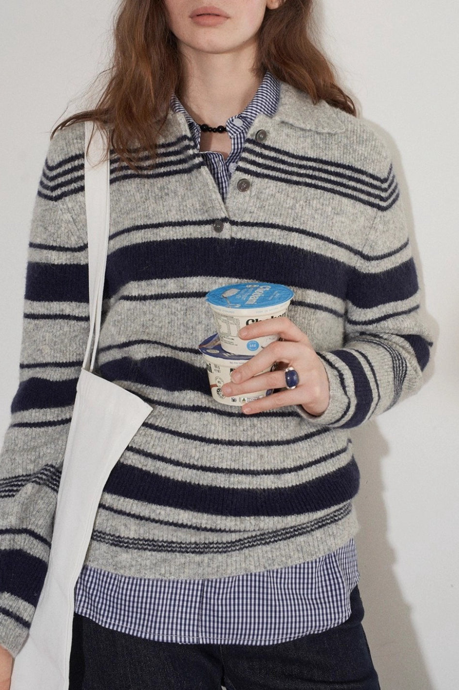 Stripe Polo Collar Knit Top