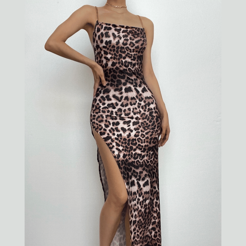 Print Chain Strap Cowl Neck High Slit Maxi Dress