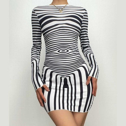 Striped Contrast Long Sleeve Crewneck Mini Dress