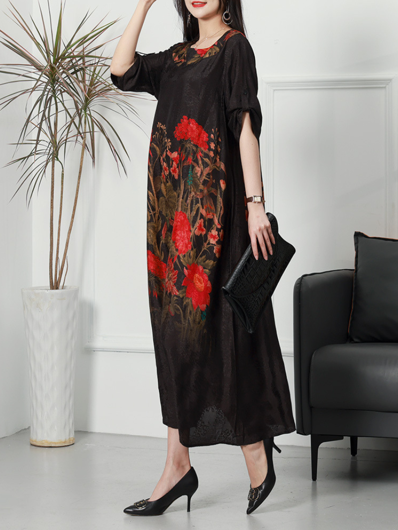 Round Neck Roll Tab Sleeve Floral Print Loose Midi Dress