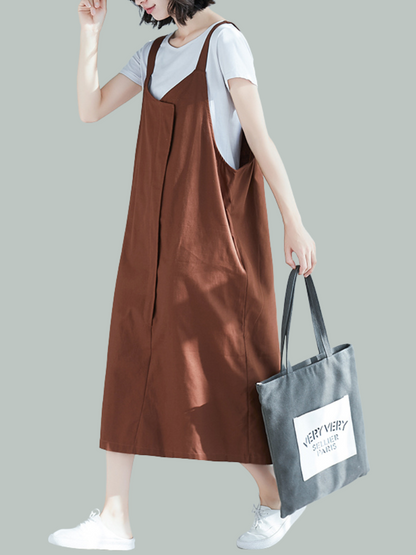Spring Summer Loose Large Size Sseeveless Midi Dress