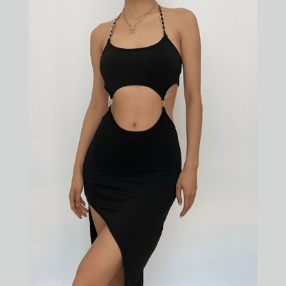 Chain Strap Halter Waist Cutout Ring Detail Slit Midi Dress