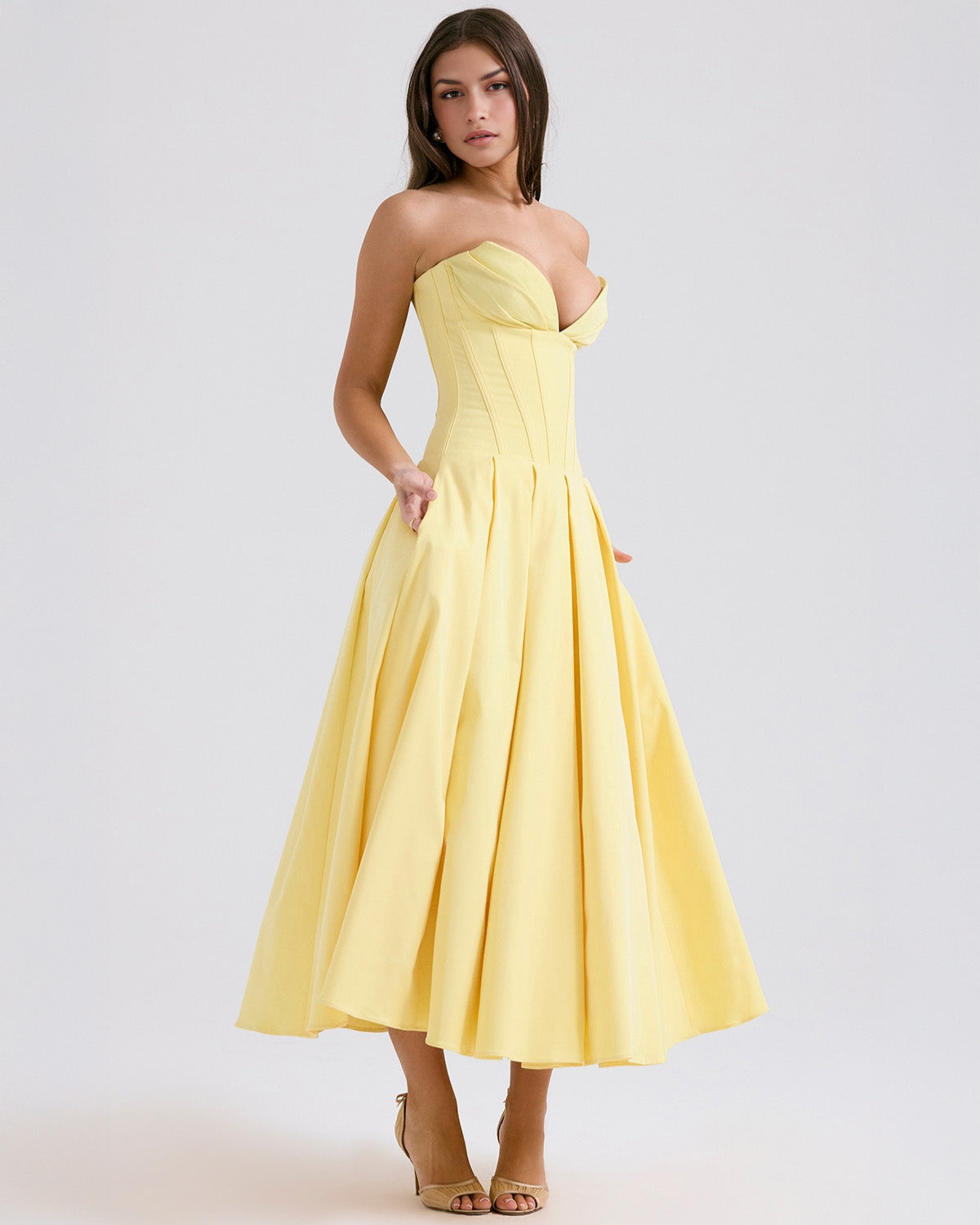 Strapless Corset Sweetheart Neckline Box Pleat A-Line Midi Dress