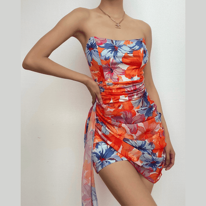 Strapless Tropical Floral Print Ruched Asymmetric Hem Mini Dress