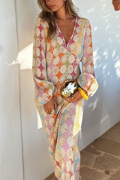 V Neck Balloon Sleeve Geometric Print Maxi Dress