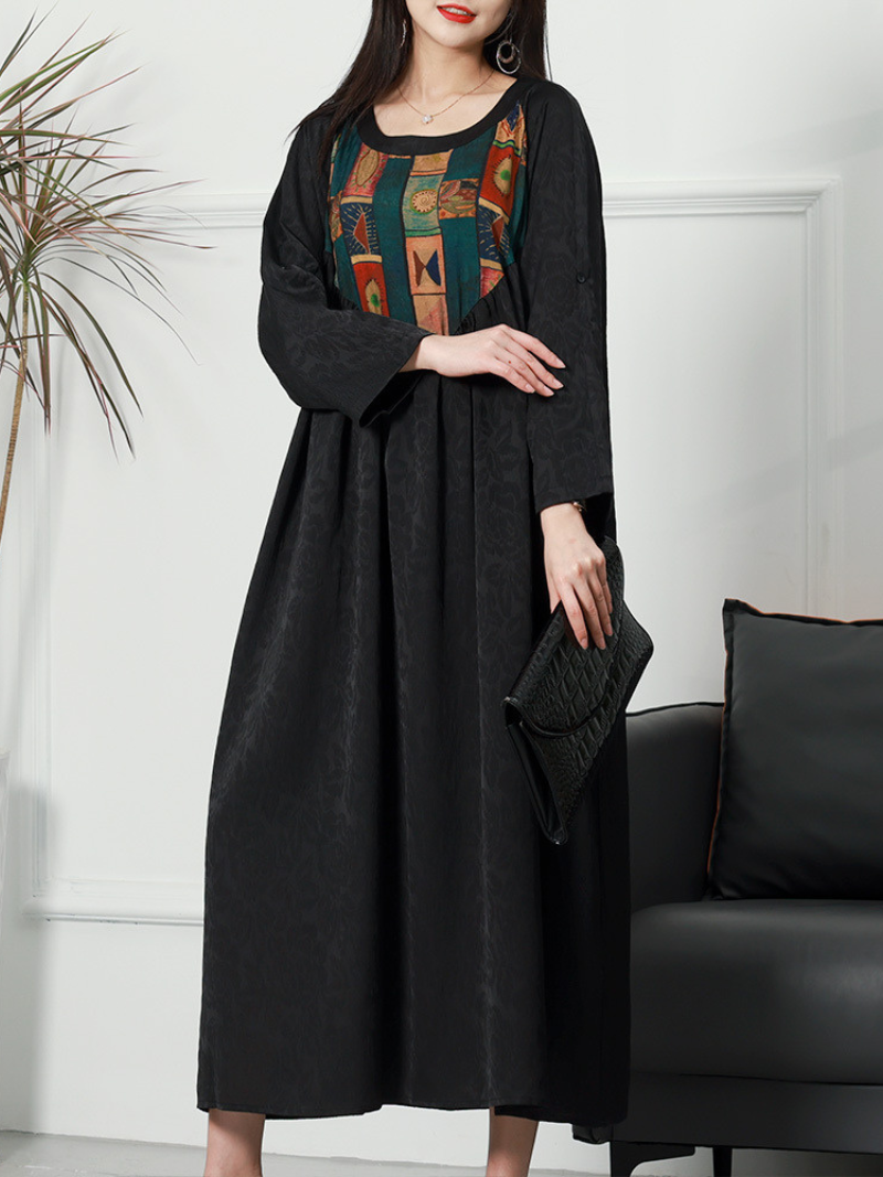 Scoop Neck Embroidered Medallion Roll Tab Sleeve Maxi Kaftan Dress