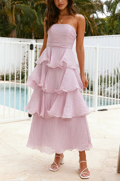 Strapless Empire Waist Ruffle Layered Maxi Dress