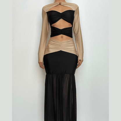 Long Sleeve Cutout Contrast Panel Ruched Waist Sheer Mermaid Maxi Dress