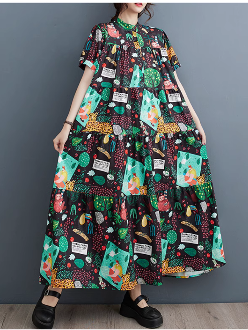 Mandarin Collar Short Sleeve Tiered Novelty Print Maxi Dress