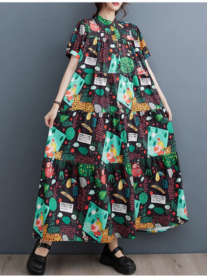 Mandarin Collar Short Sleeve Tiered Novelty Print Maxi Dress