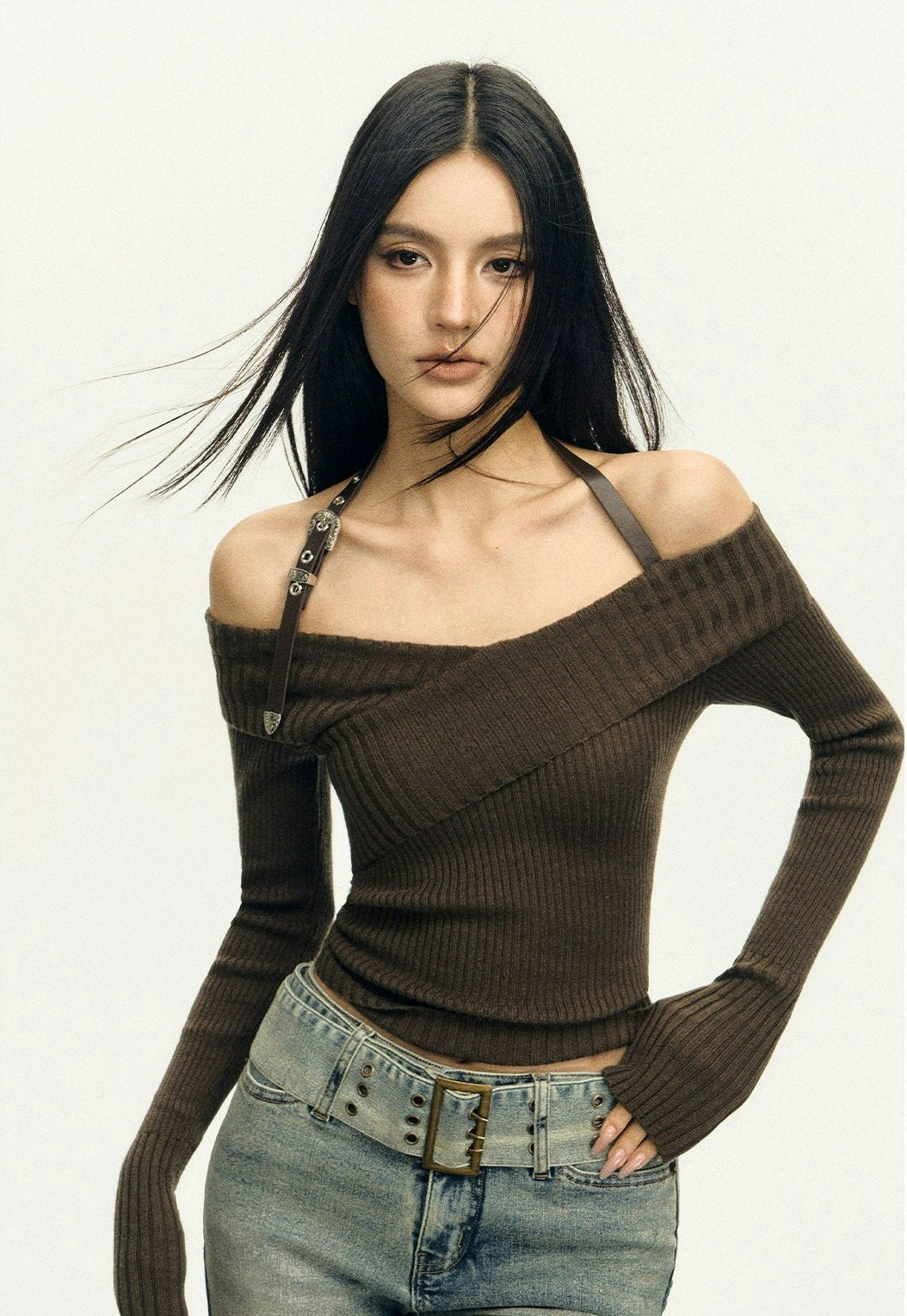 Ribbed Off-Shoulder Brown Knit Top