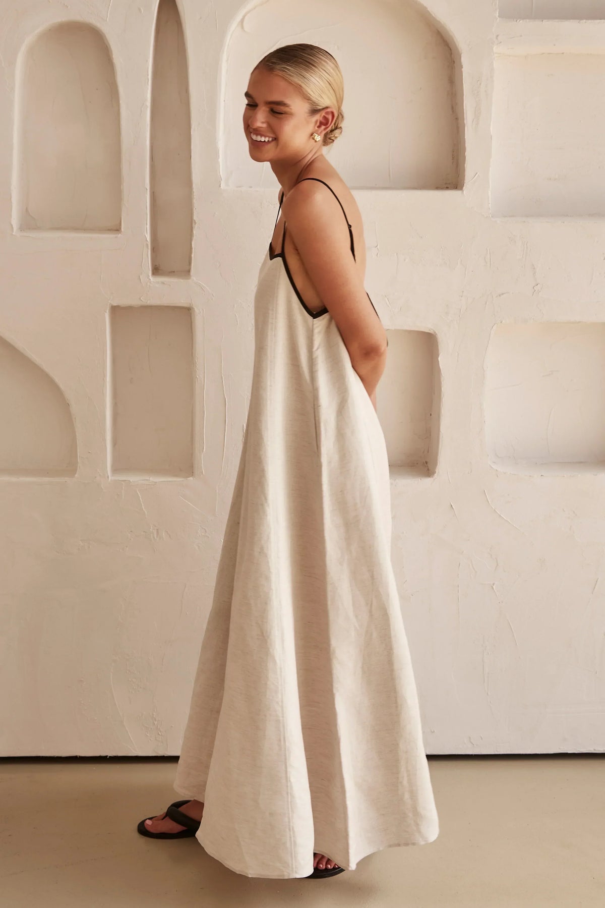 Square Neck Spaghetti Strap Contrast Trim Linen Tent Maxi Dress