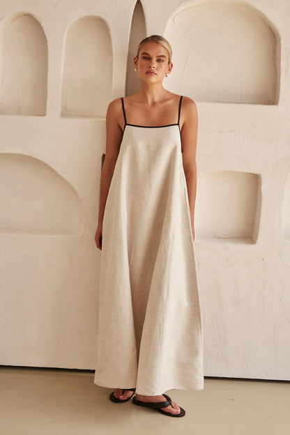 Square Neck Thin Strap Contrast Piping Linen A-Line Maxi Dress
