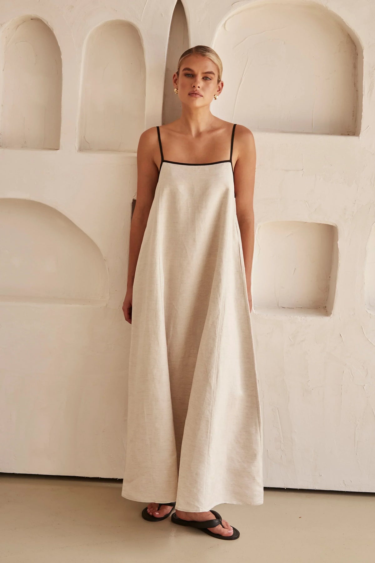 Square Neck Spaghetti Strap Contrast Trim Linen Tent Maxi Dress