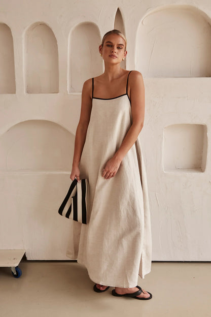 Square Neck Thin Strap Contrast Piping Linen A-Line Maxi Dress