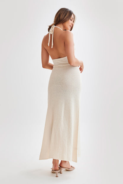 Halter Neck Floral Applique Knit High Slit Maxi Dress