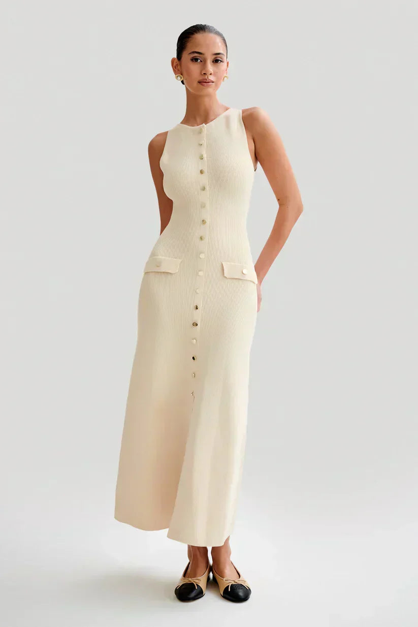 Rib Knit Crew Neck Sleeveless Metal Button Flap Pocket Maxi Dress