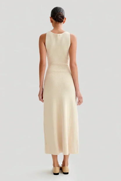 Rib Knit Crew Neck Sleeveless Metal Button Flap Pocket Maxi Dress