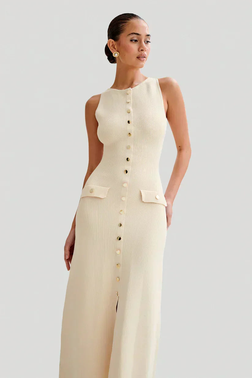 Rib Knit Crew Neck Sleeveless Metal Button Flap Pocket Maxi Dress