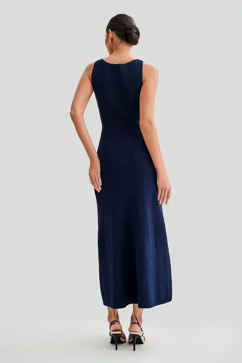Rib Knit Crew Neck Sleeveless Metal Button Flap Pocket Maxi Dress