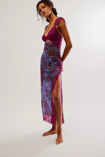 Lace Bodice Floral Print Cutout Slip Maxi Dress