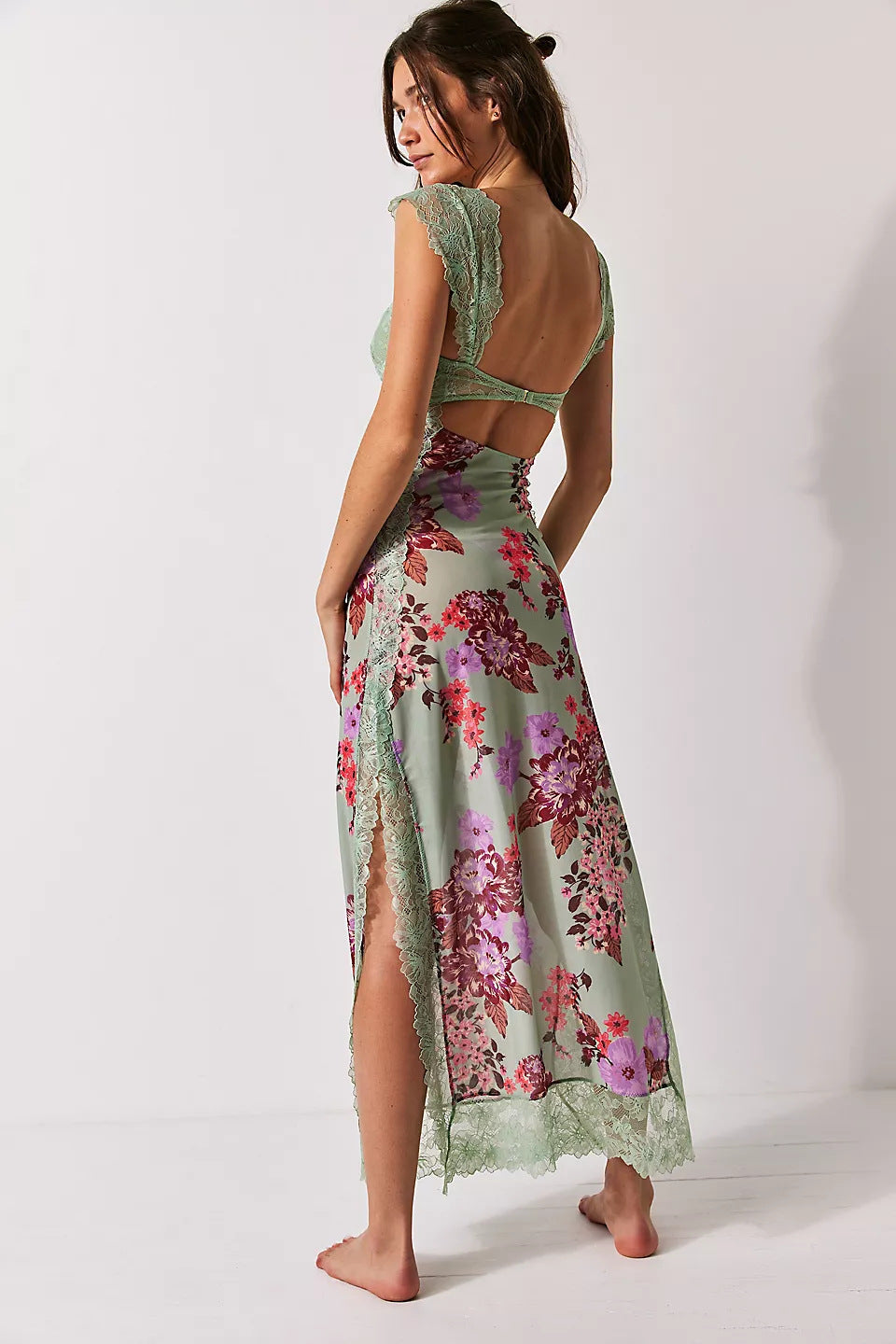 Lace Bodice Floral Print Cutout Slip Maxi Dress