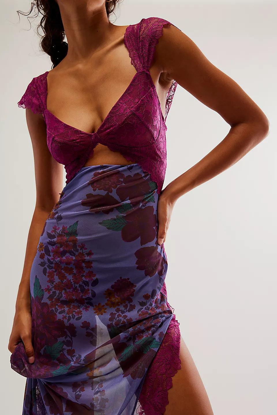 Lace Bodice Floral Print Cutout Slip Maxi Dress