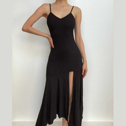 Spaghetti Strap V Neck Ruched Ruffle Hem High Slit Maxi Dress