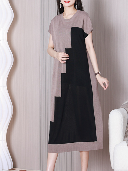 Crew Neck Short Sleeve Asymmetrical Color Block Knit Midi Sweater Dress