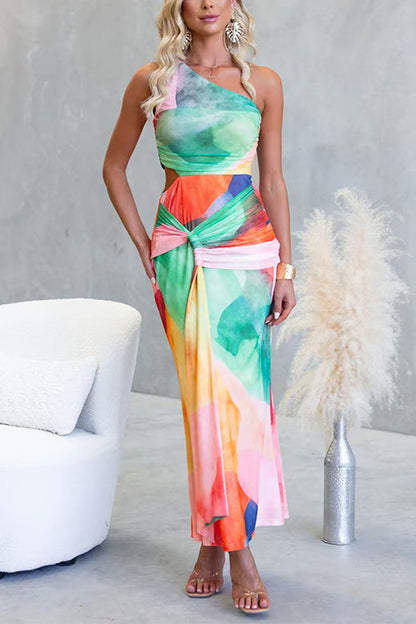 One Shoulder Sleeveless Cut Out Waist Printed Maxi Dress